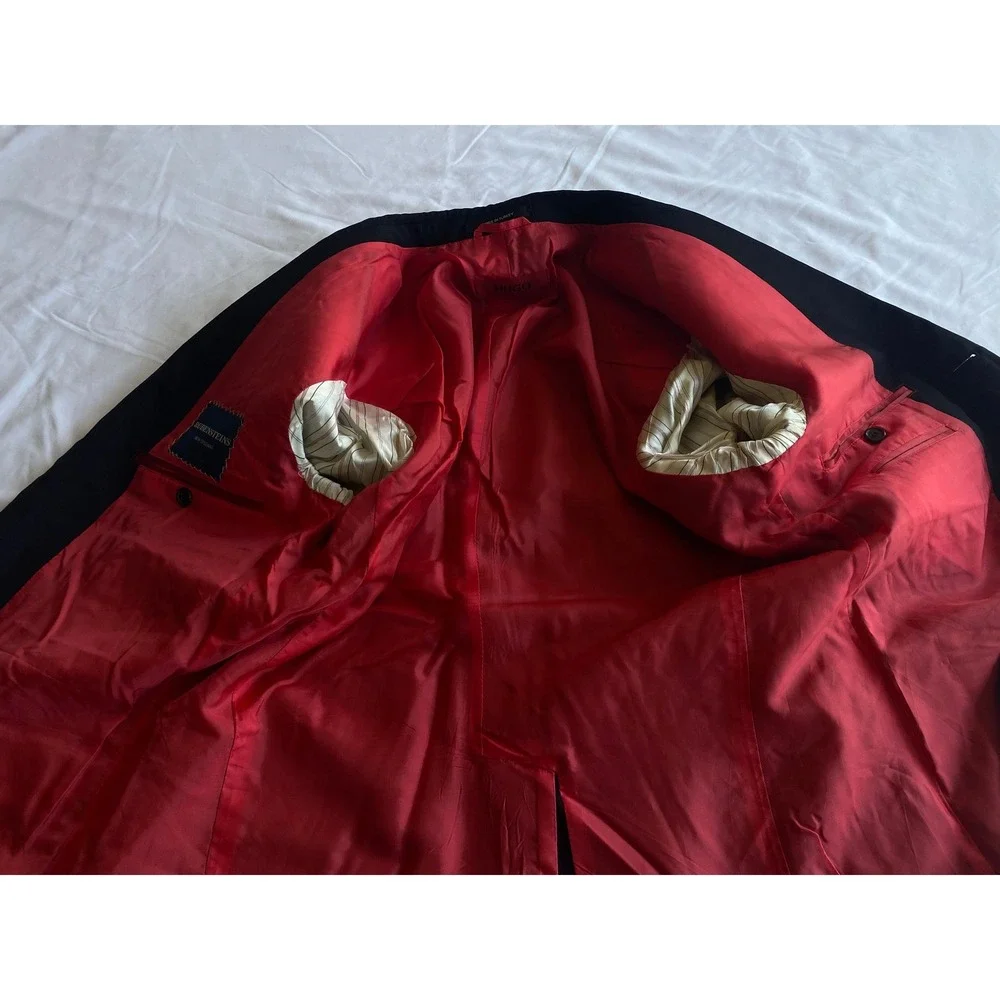 Hugo Boss Men Solid Red Lining Modern Blazer Size 40R Black Red